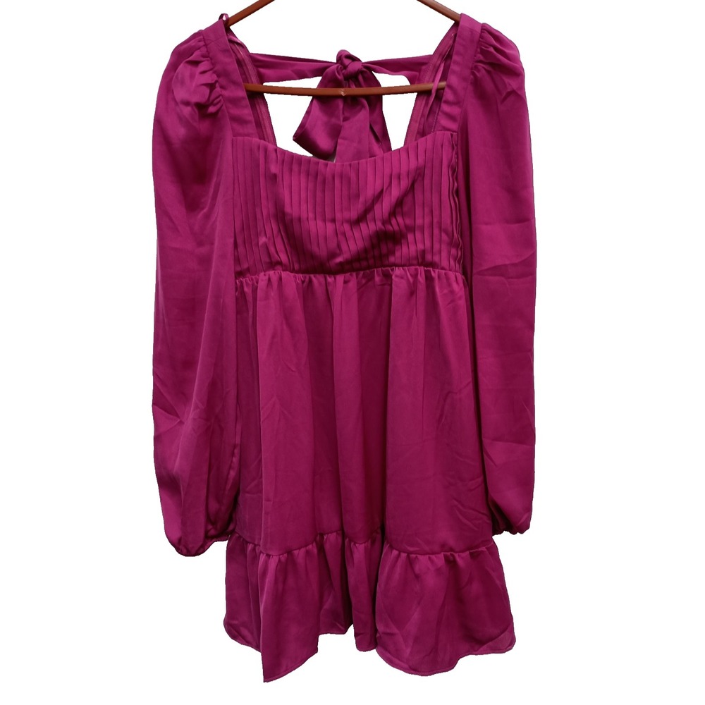 New In BOHO Milkmaid Mini‎ Dress Womens Medium Hot Pink Smocked Ruffle Hem